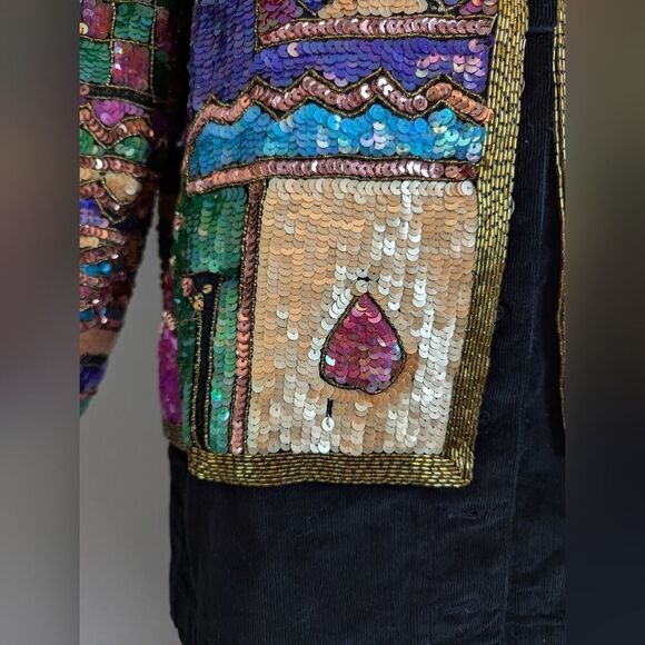 Vintage 100% Silk Sequin Jacket – Art Deco Patchwork – XL Statement Glam - Picture 3 of 13